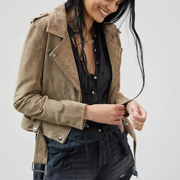 Anthropologie BLANKNYC L NWT Sueded Leather Moto Jacket Motorcycle Taupe Large - Picture 5 of 6